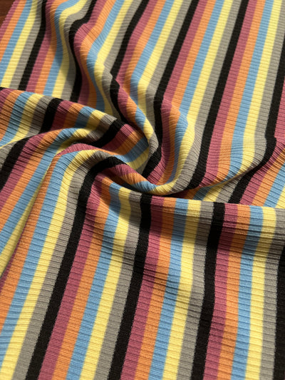 Premium Quality Multicolour Striped Ribbed Knit Polyester Spandex Stretch Apparel Fabric 145-150cm Wide By The Metre Multi Coloured Ticking Stripes Fabric